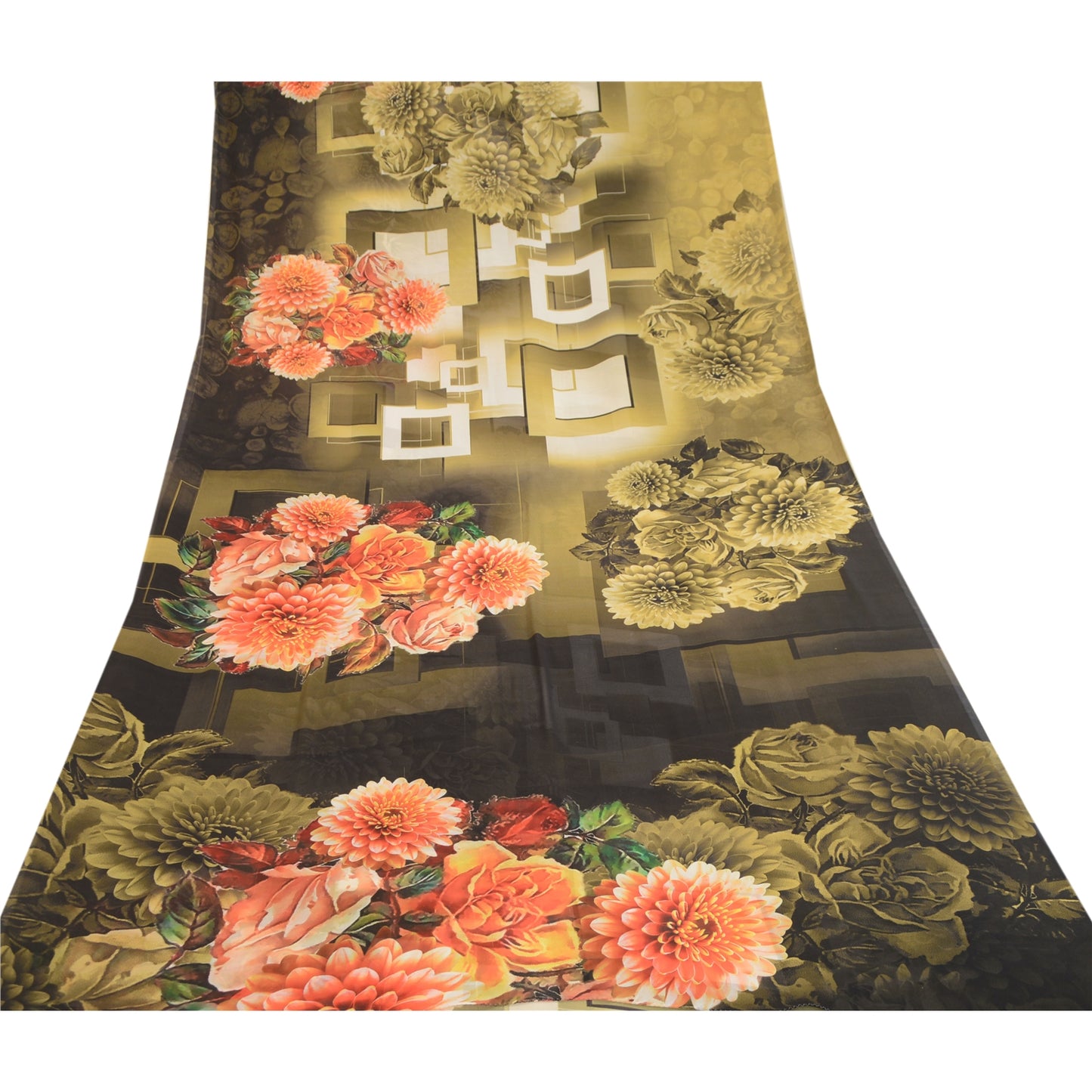 Sanskriti Vintage Sarees Olive Green Digital Printed Georgette Sari Craft Sustainable Fabric