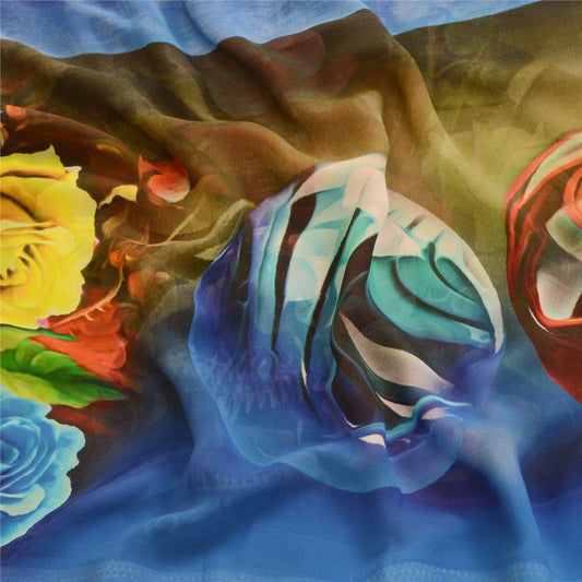 Sanskriti Vintage Sarees Blå Digitaltrykt Georgette Sari Blomsterhåndværk Bæredygtigt Stof