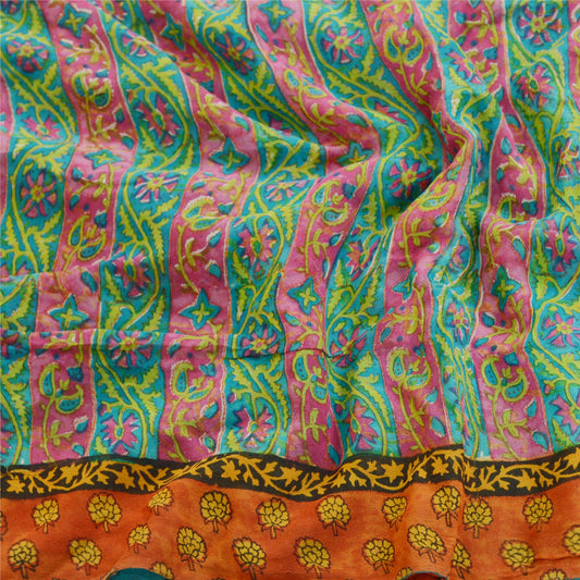 Sanskriti Vintage Sarees Green Pure Georgette Silk Printed Sari Craft 5yd Sustainable Fabric
