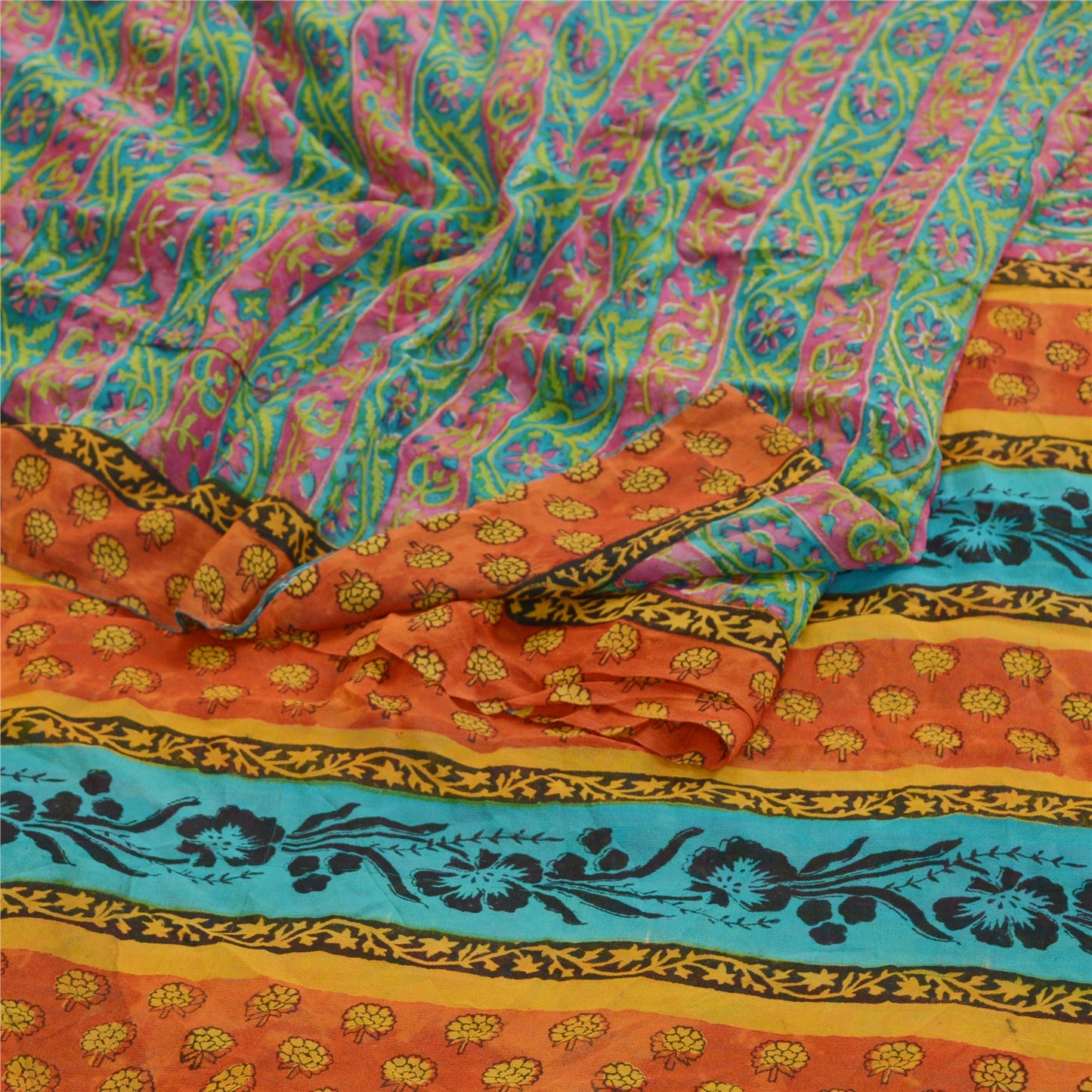 Sanskriti Vintage Sarees Grønne Ren Georgette Silke Trykt Sari Håndlavet 5yds Bæredygtigt Stof
