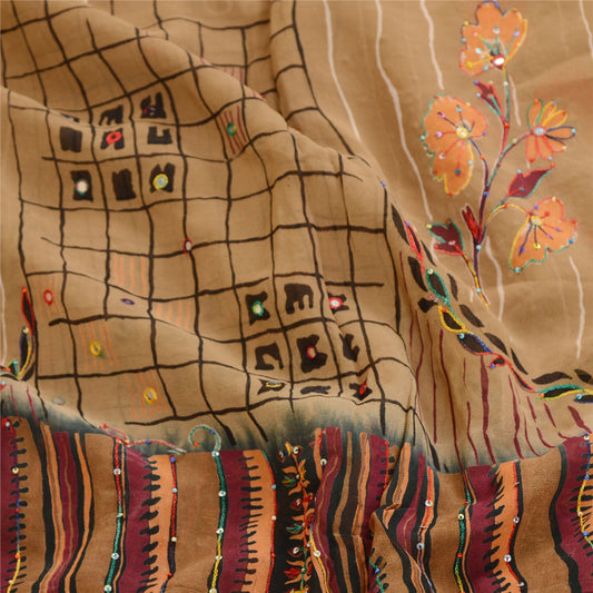 Sanskriti Vintage Sarees Brown Hand Beaded Print Pure Georgette Silk Sari Sustainable Fabric