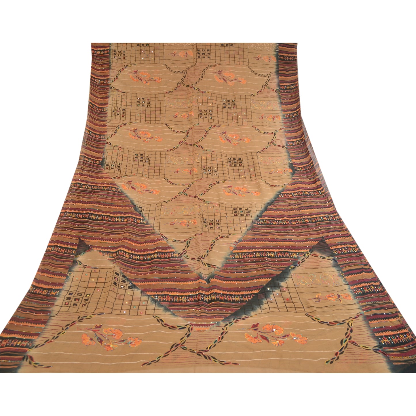 Sanskriti Vintage Sarees Brown Hand Beaded Print Pure Georgette Silk Sari Sustainable Fabric