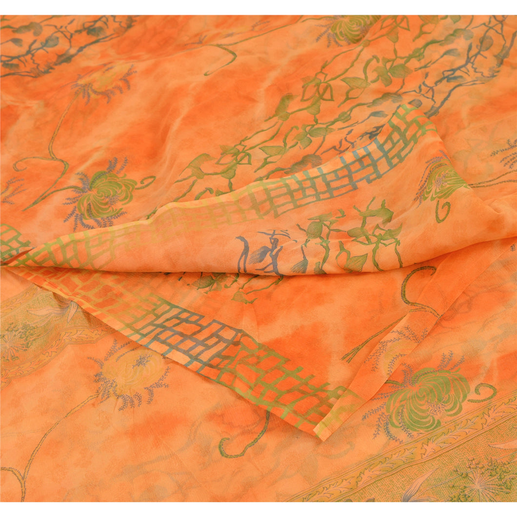 Sanskriti Vintage 100% Pure Chiffon Silk Leheria Saree Orange Printed Sari Craft Fabric