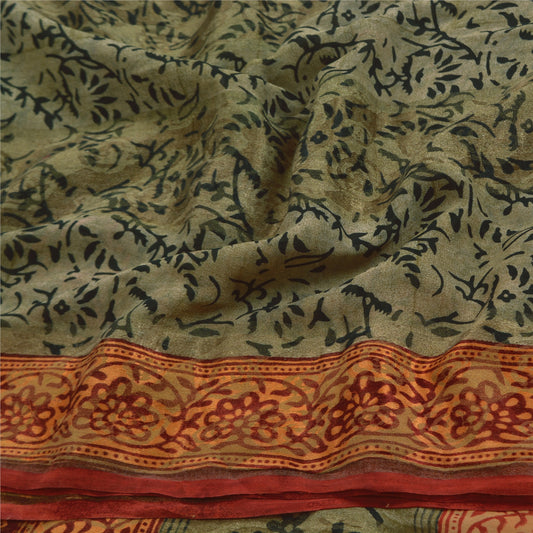 Sanskriti Vintage Sarees Green Pure Georgette Silk Printed Sari 5yd Craft Sustainable Fabric