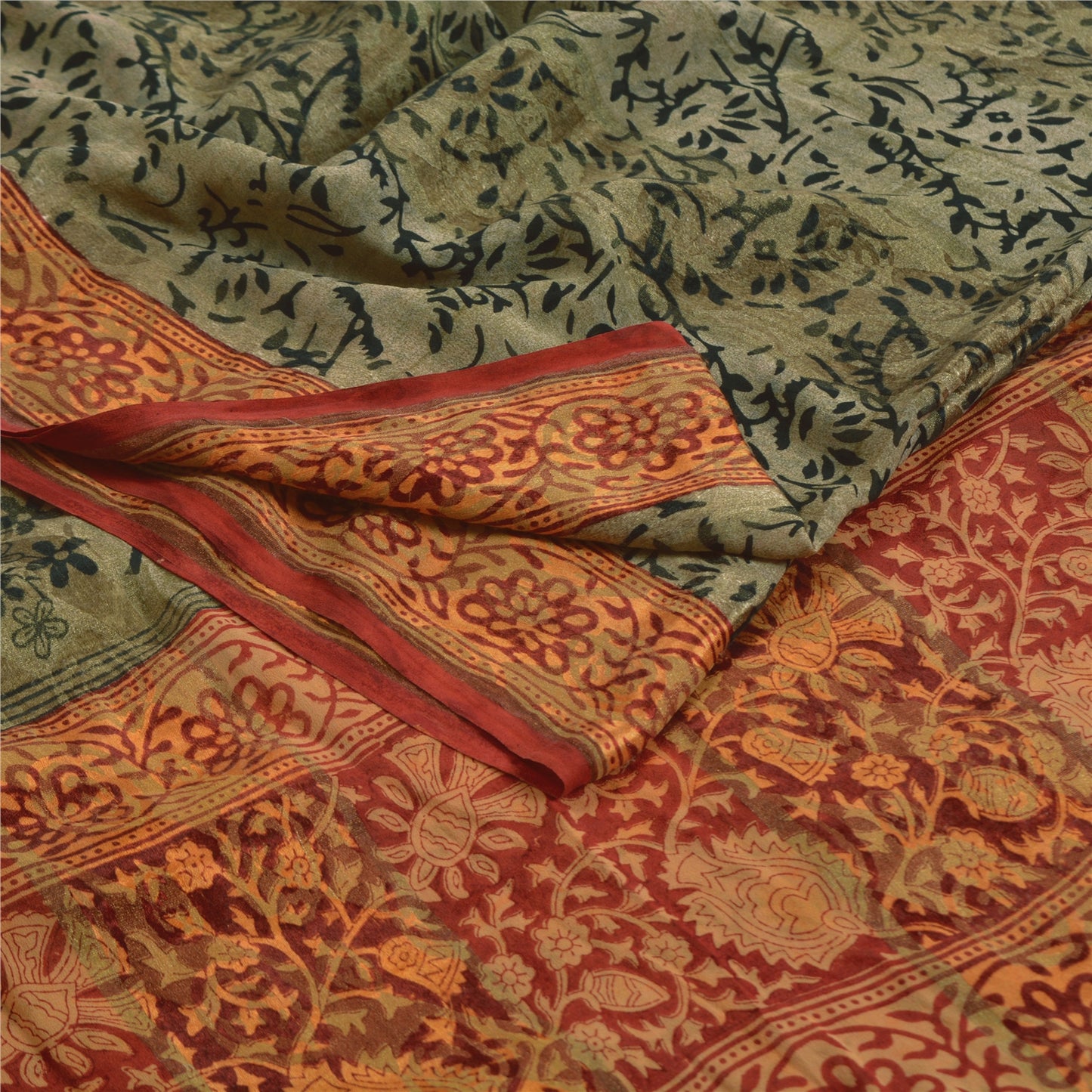 Sanskriti Vintage Sarees Green Pure Georgette Silk Printed Sari 5yd Craft Sustainable Fabric