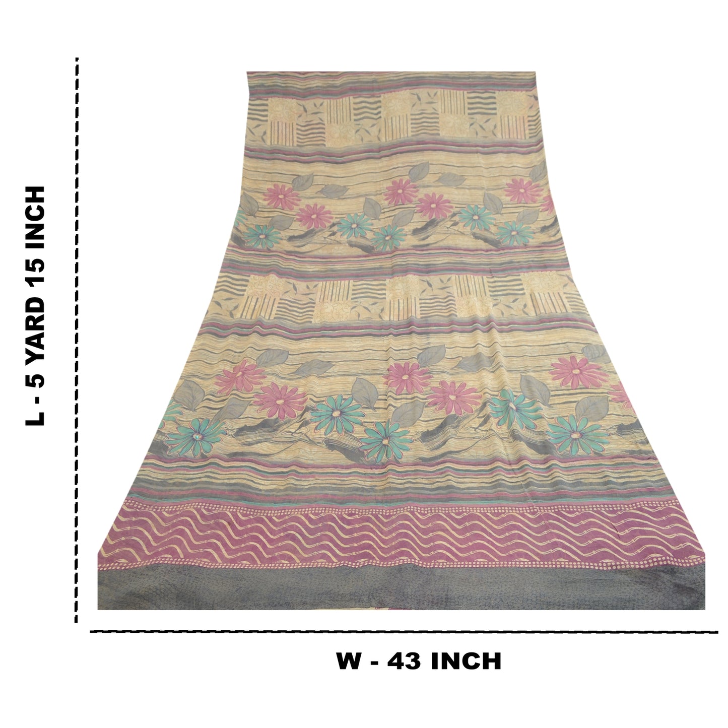 Sanskriti Vintage Sarees Pale Cream Pure Georgette Silk Print Sari Craft Sustainable Fabric