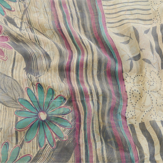 Sanskriti Vintage Sarees Pale Cream Pure Georgette Silk Print Sari Craft Sustainable Fabric