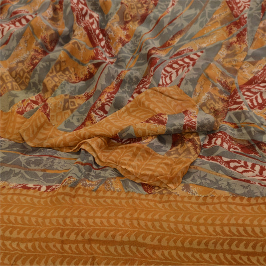 Sanskriti Vintage Sari 100% Pure Georgette Silk Saffron Printed Saree 5 Yd Craft Fabric Floral Recycled For Quilting Felting, Home Decor