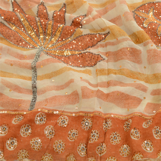 Sanskriti Vintage Sarees Peach Hand Beaded Print Pure Geogette Silk Sari Sustainable Fabric