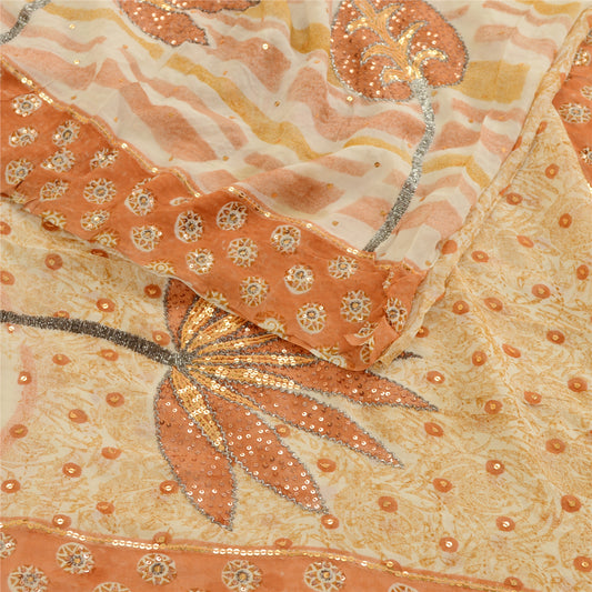 Sanskriti Vintage Sarees Fersken Håndperleprint Ren Geogette Silke Sari Bæredygtigt Stof