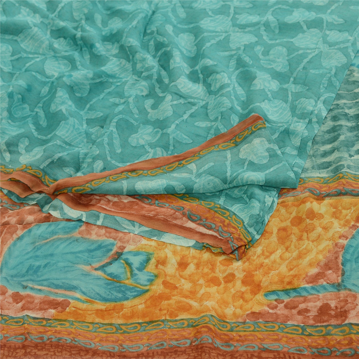 Sanskriti Vintage Sarees Green Pure Geogette Silk Printed Sari 5yd Craft Sustainable Fabric