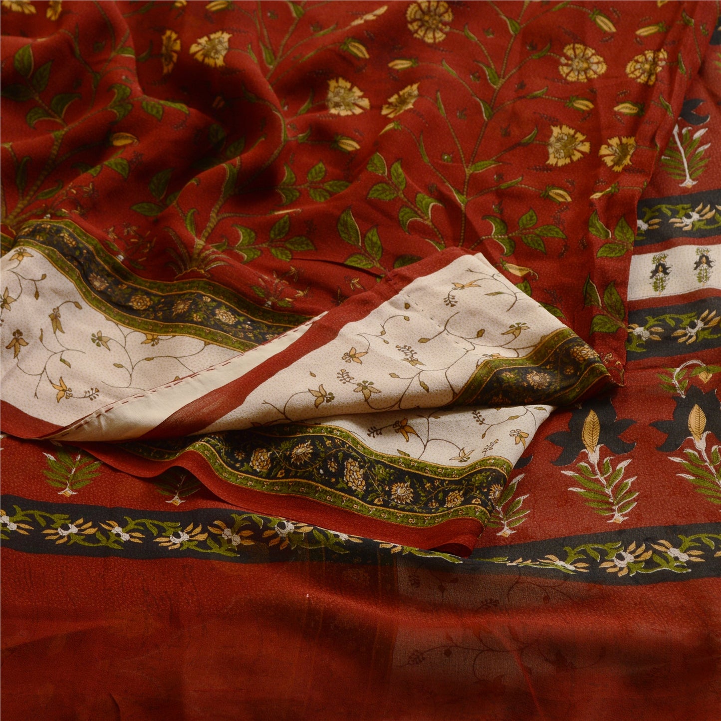 Sanskriti Vintage Sarees Mørkerøde Ren Georgette Silke Trykt Sari Håndværk Bæredygtigt Stoff