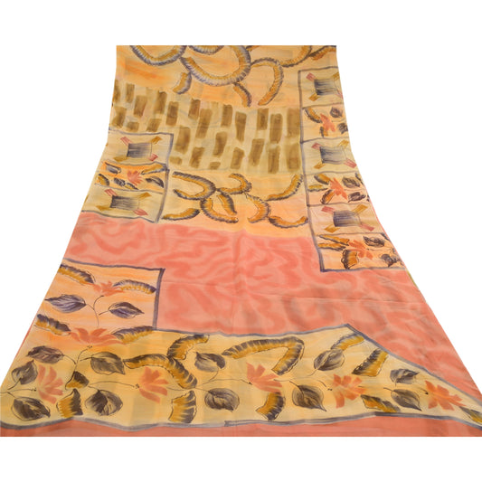 Sanskriti Vintage 100% Pure Georgette Silk Cream Printed Saree Craft Supplies 5 Yard Fabric Floral Upcycled Sarongs, Scarves, or Stoles
