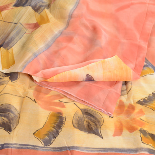 Sanskriti Vintage Cream Sarees Blend Georgette Printed Sari Craft 5 Yard Sustainable Fabric