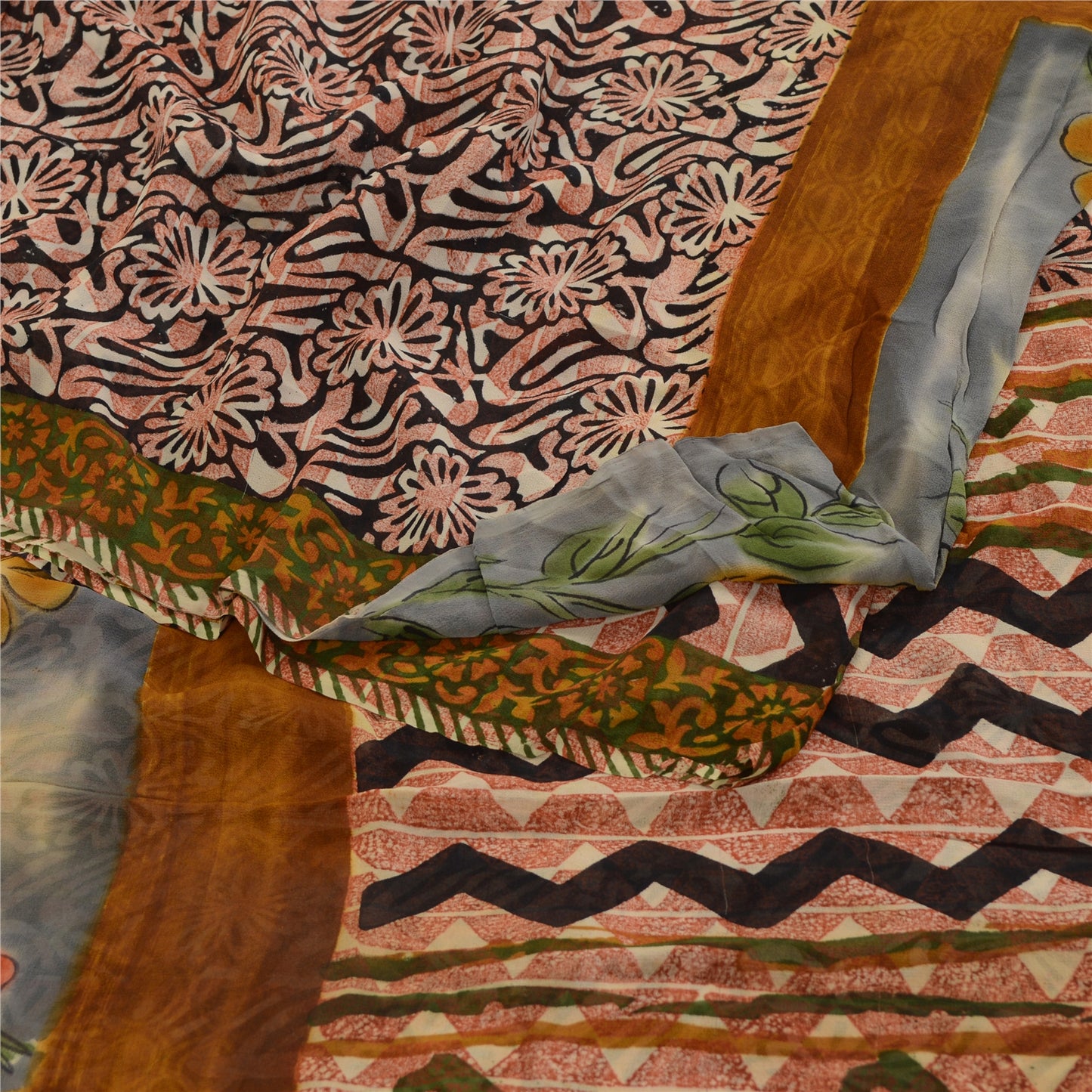 Sanskriti Vintage Sarees Black Pure Georgette Silk Printed Sari 5yd Craft Sustainable Fabric