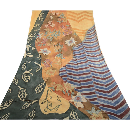 Sanskriti Vintage Sarees Creme Blend Georgette Trykt Sari Blomsterhåndværk Bæredygtigt Stoff