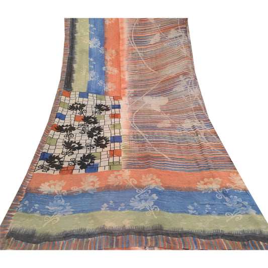 Sanskriti Vintage Sari 100% Pure Georgette Silk Multicolor Printed Saree 5Yd Craft Fabric Home Decor, Women Floral Outfit, Silk Scrap