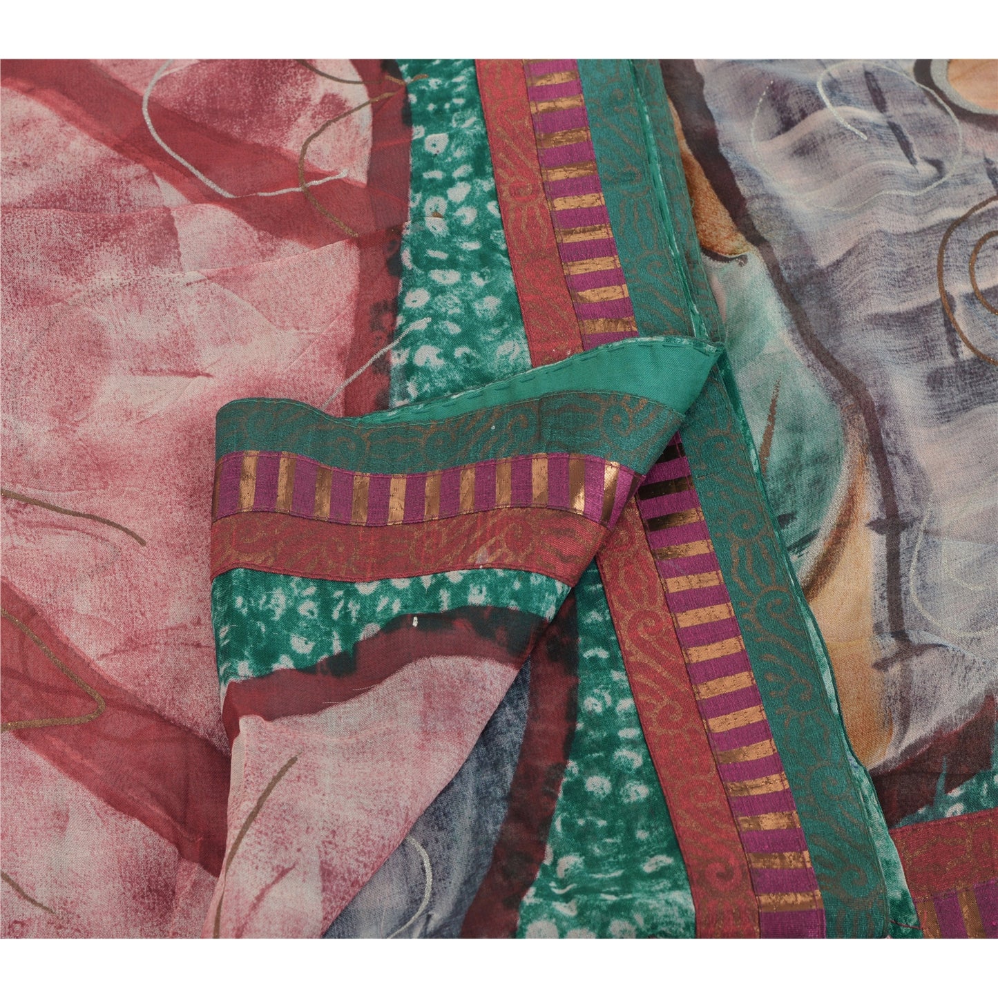 Sanskriti Vintage Printed Georgette Blend Saree Multi Color Sari Craft Sustainable Fabric