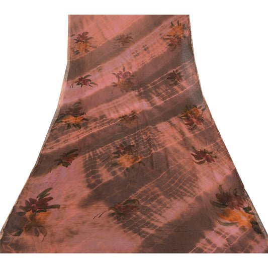 Sanskriti Vintage Sari Blend Georgette Tie-Dye Brown Printed Sarees 5 Yd Craft Fabric Create-Floral Dresses, Kaftans, Skirts, Tops