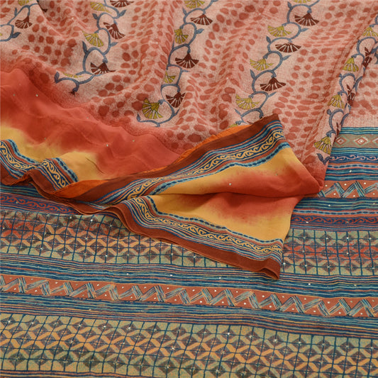 Sanskriti Vintage Sarees Pink 100% Ren Geogette Silke Trykt Sari Håndværk Bæredygtigt Stoff