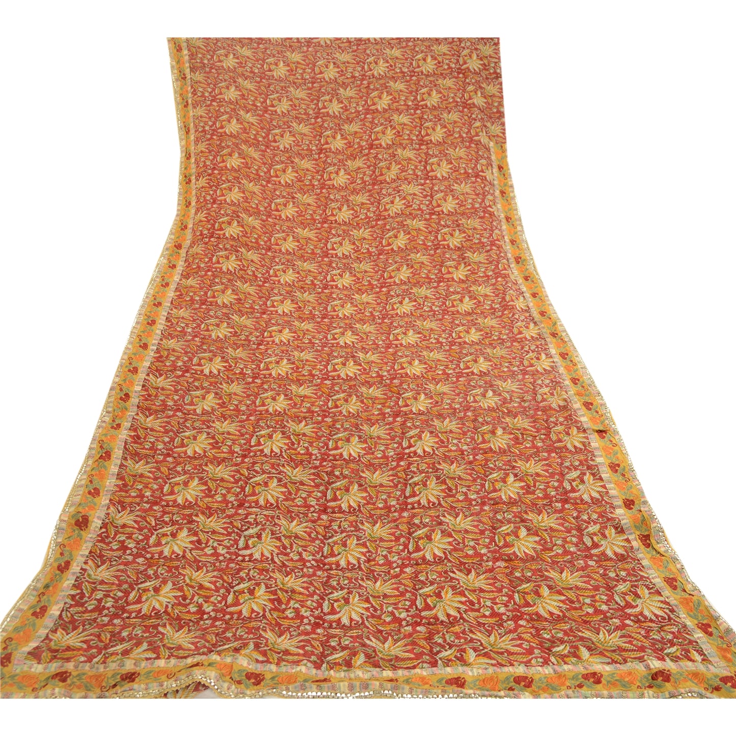 Sanskriti Vintage Sarees Red Blend Geogette Printed Patch Work Sari Craft Sustainable Fabric