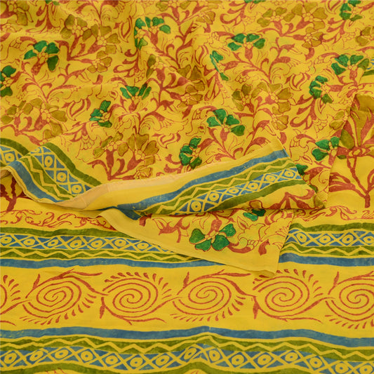 Sanskriti Vintage Sarees Gul 100% Ren Geogette Silke Trykt Sari Blødt Bæredygtigt Stof