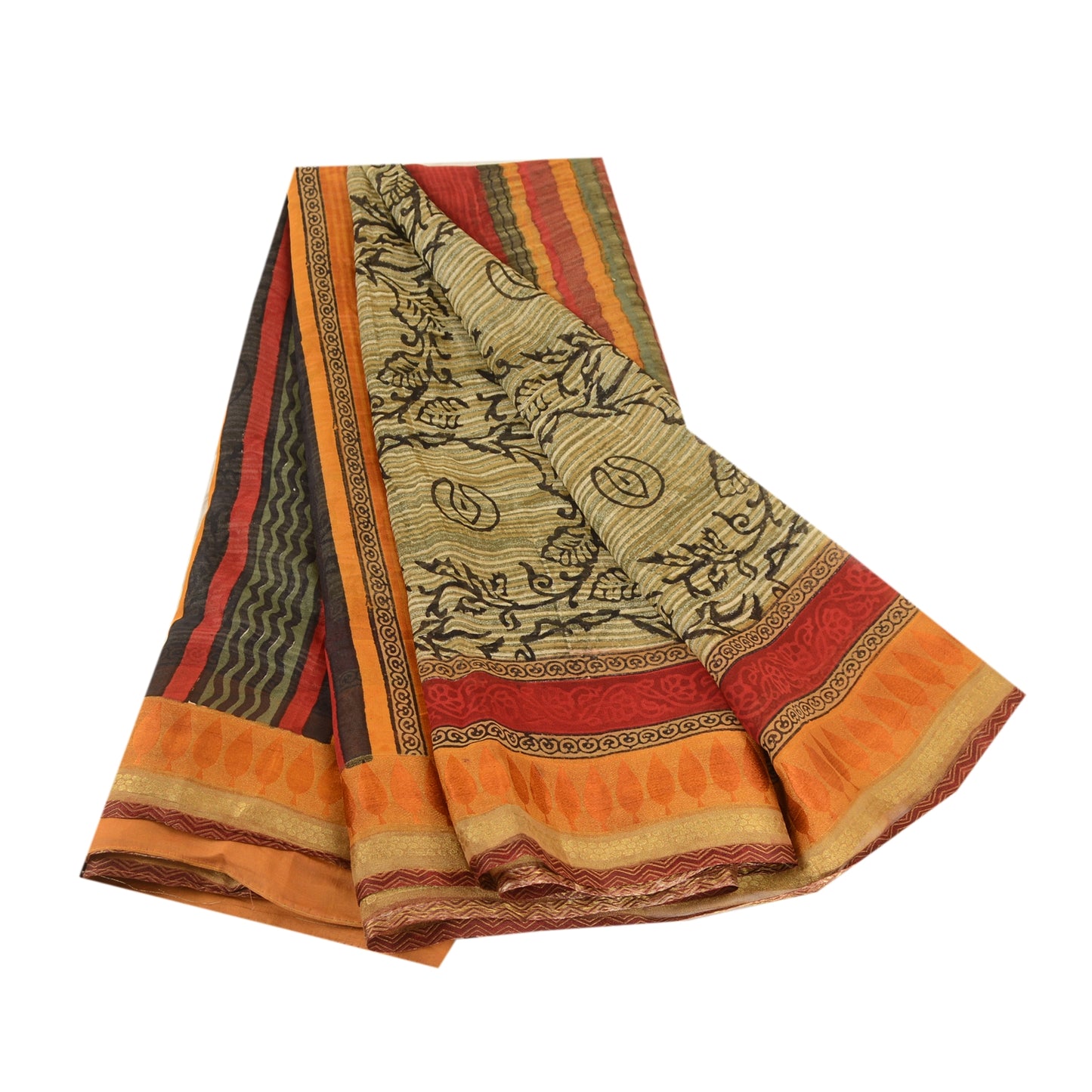 Sanskriti Vintage Sarees Gray Pure Georgette Silk Print Zari Broder Sari Sustainable Fabric