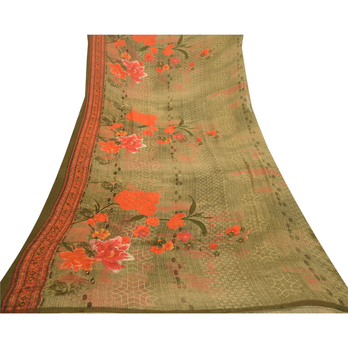 Sanskriti Vintage Sarees Indian Green Georgette Printed Sari Soft Craft Sustainable Fabric