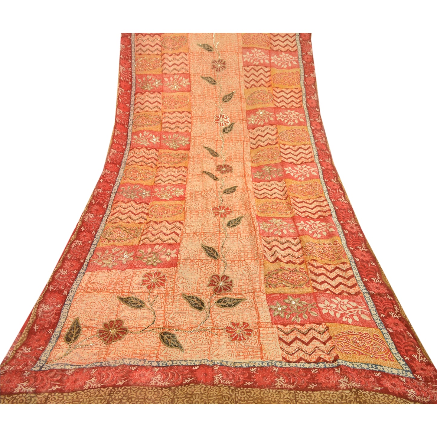 Sanskriti Vintage Sarees Hand Beaded Green Blend Georgette Printed Sari Sustainable Fabric