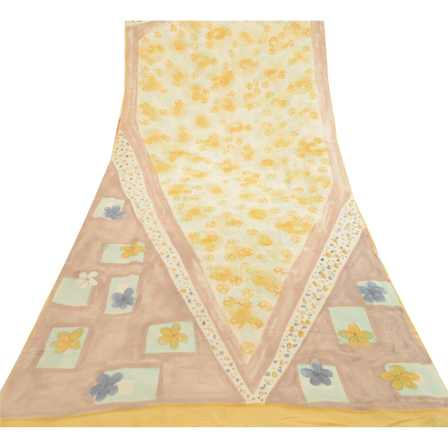 Sanskriti Vintage Sarees Pale Cream Pure Georgette Silk Print Sari Craft Sustainable Fabric