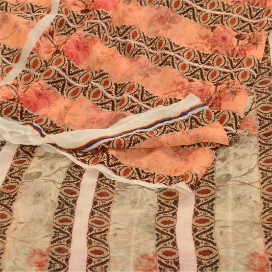 Sanskriti Vintage Sari 100% Pure Georgette Silk Peach Indian Printed Sarees 4+YD Craft Fabric upholstery fabric