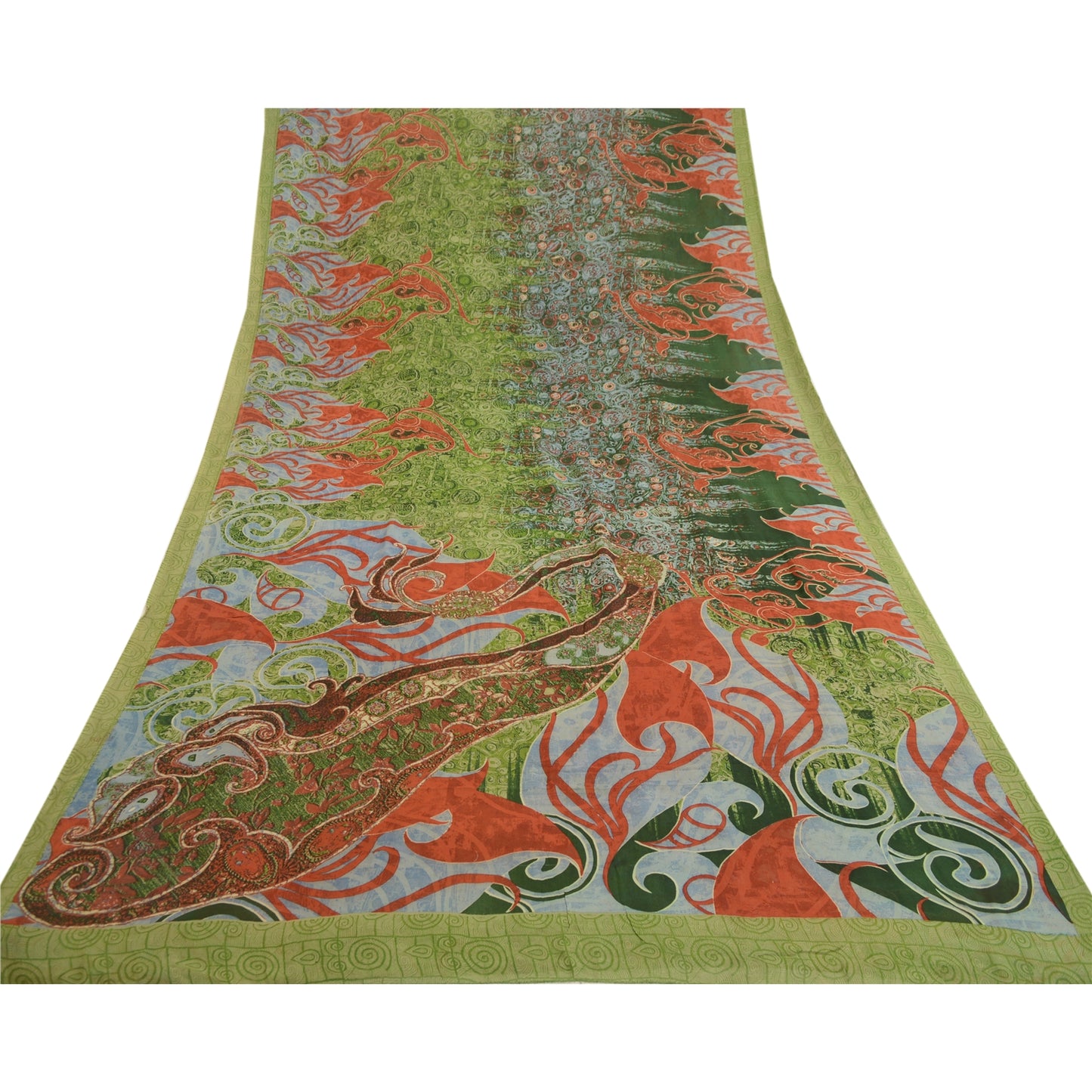 Sanskriti Vintage Sarees Green Pure Georgette Silk Printed Sari 5yd Craft Sustainable Fabric