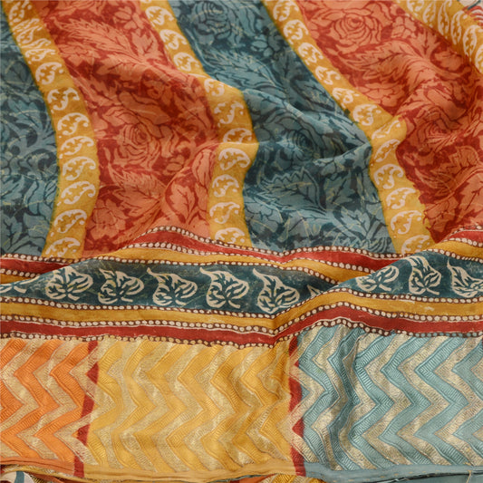 Sanskriti Vintage Sarees Green Pure Georgette Silk Printed Sari 5yd Craft Sustainable Fabric