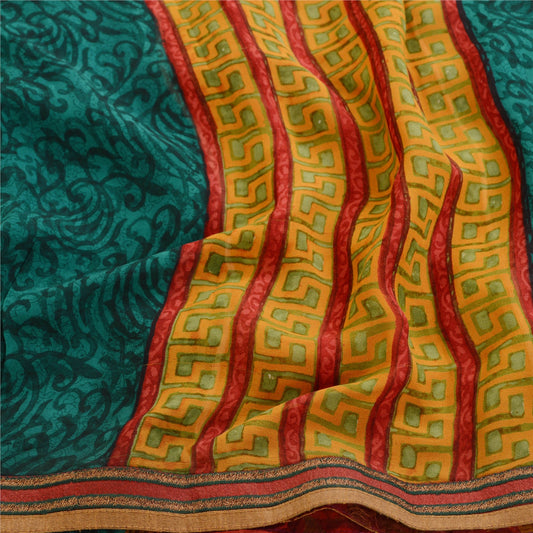 Sanskriti Vintage Sarees Grønne Ren Georgette Silke Trykte Sari 5yd Håndværk Bæredygtigt Stoff