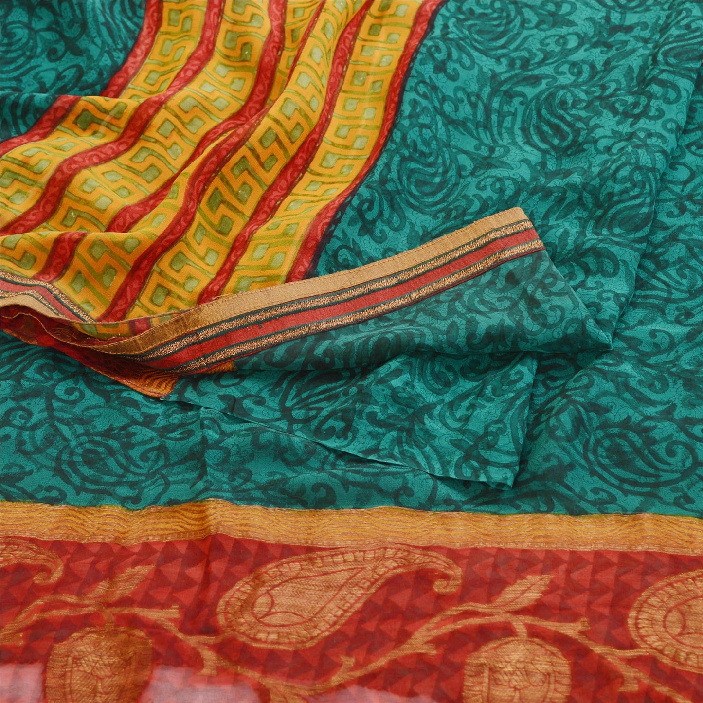 Sanskriti Vintage Sarees Green Pure Georgette Silk Printed Sari 5yd Craft Sustainable Fabric