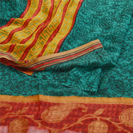 Sanskriti Vintage Sarees Grønne Ren Georgette Silke Trykte Sari 5yd Håndværk Bæredygtigt Stoff