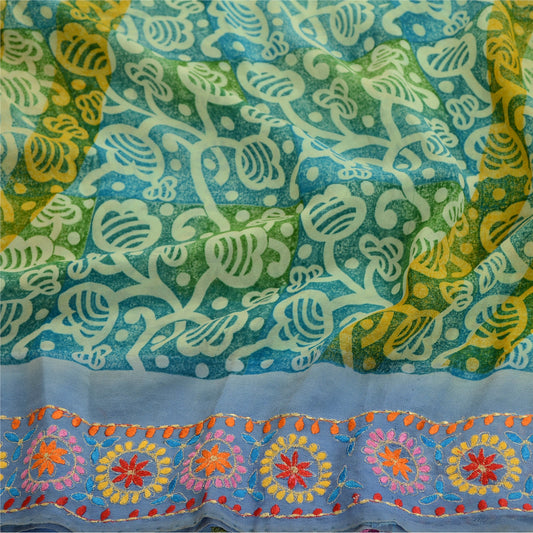 Sanskriti Vintage Sarees Blue Embroidery Pure Georgette Silk Printed Sari Sustainable Fabric