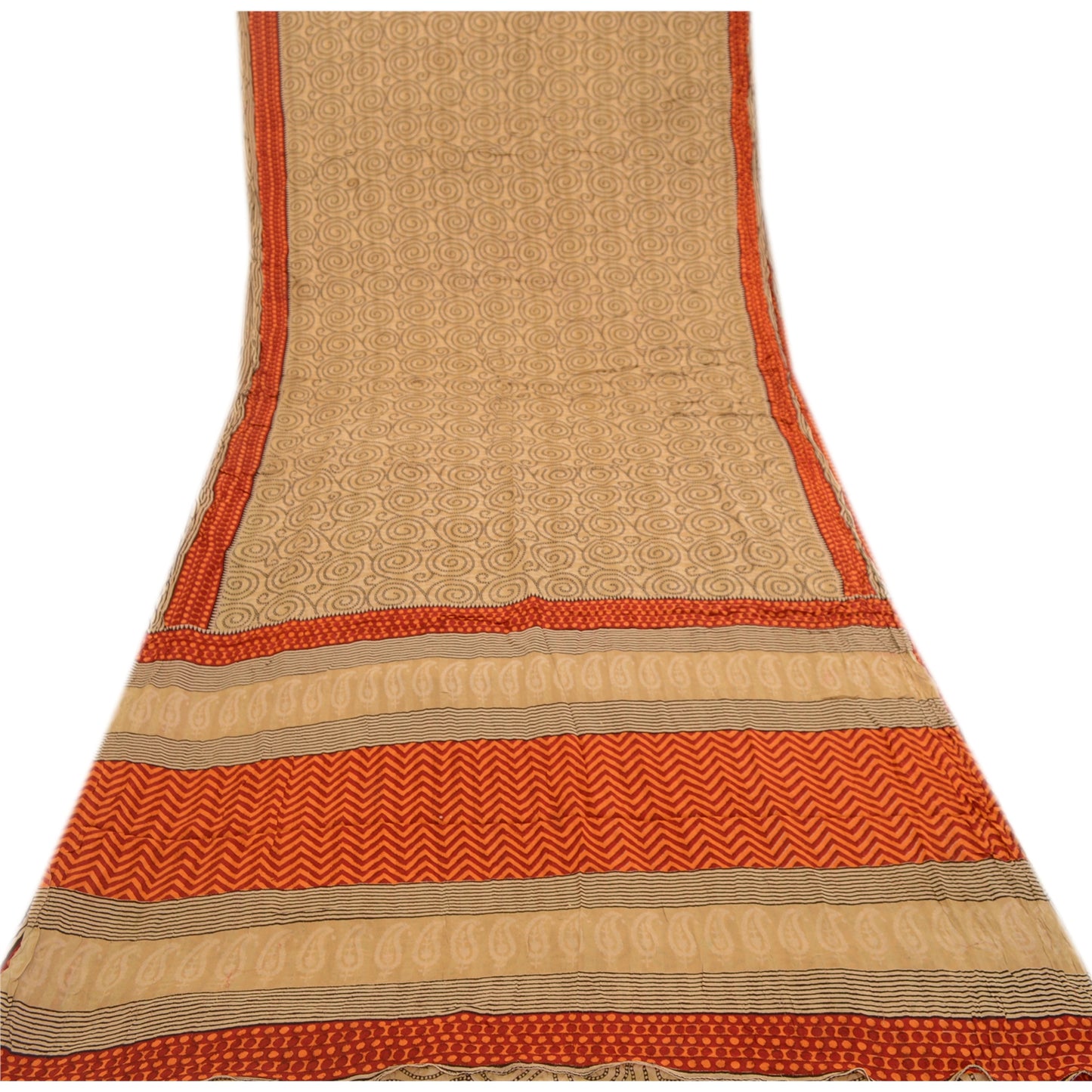 Сари из санскритского винтажного коричневого чистого шелка-жоржета с принтом 5 ярдов ткань для рукоделия из экологически чистой ткани