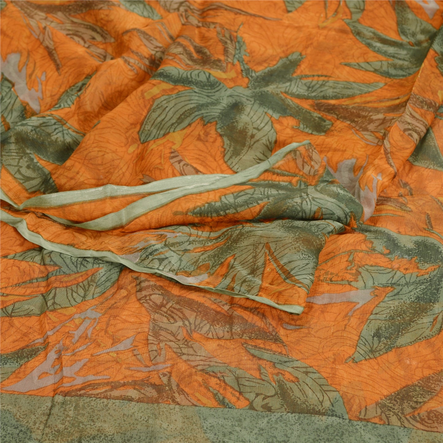 Sanskriti Vintage Sarees Orange Pure Georgette Silk Printed Sari Craft Sustainable Fabric