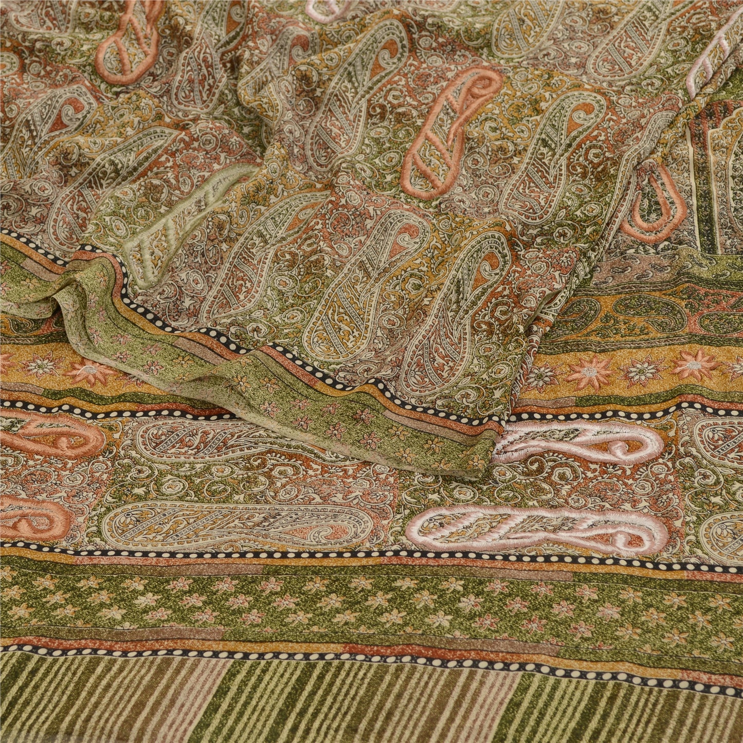 Санскрити Винтаж Зеленые Индийские Сари Жоржет Печатный Сари Ремесло 5 Ярдов Экологичная Ткань