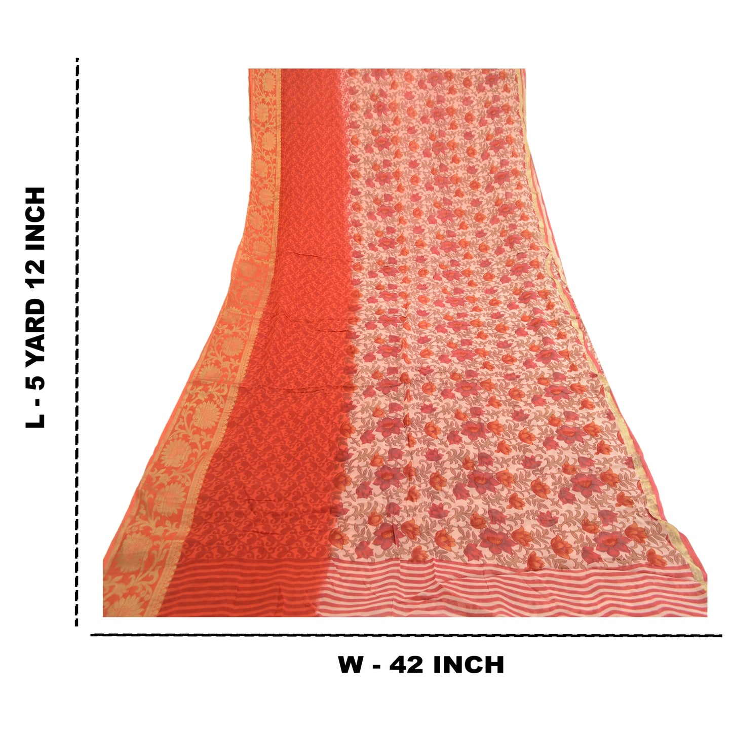 Sanskriti Vintage Sarees Red Blend Georgette Printed Zari Border Sari 5yd Sustainable Fabric