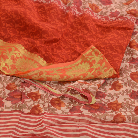 Sanskriti Vintage Sari Blend Georgette Red Printed Zari Border Sarees 5Yd Fabric For Crafting, Upcycling, or Even Wearing