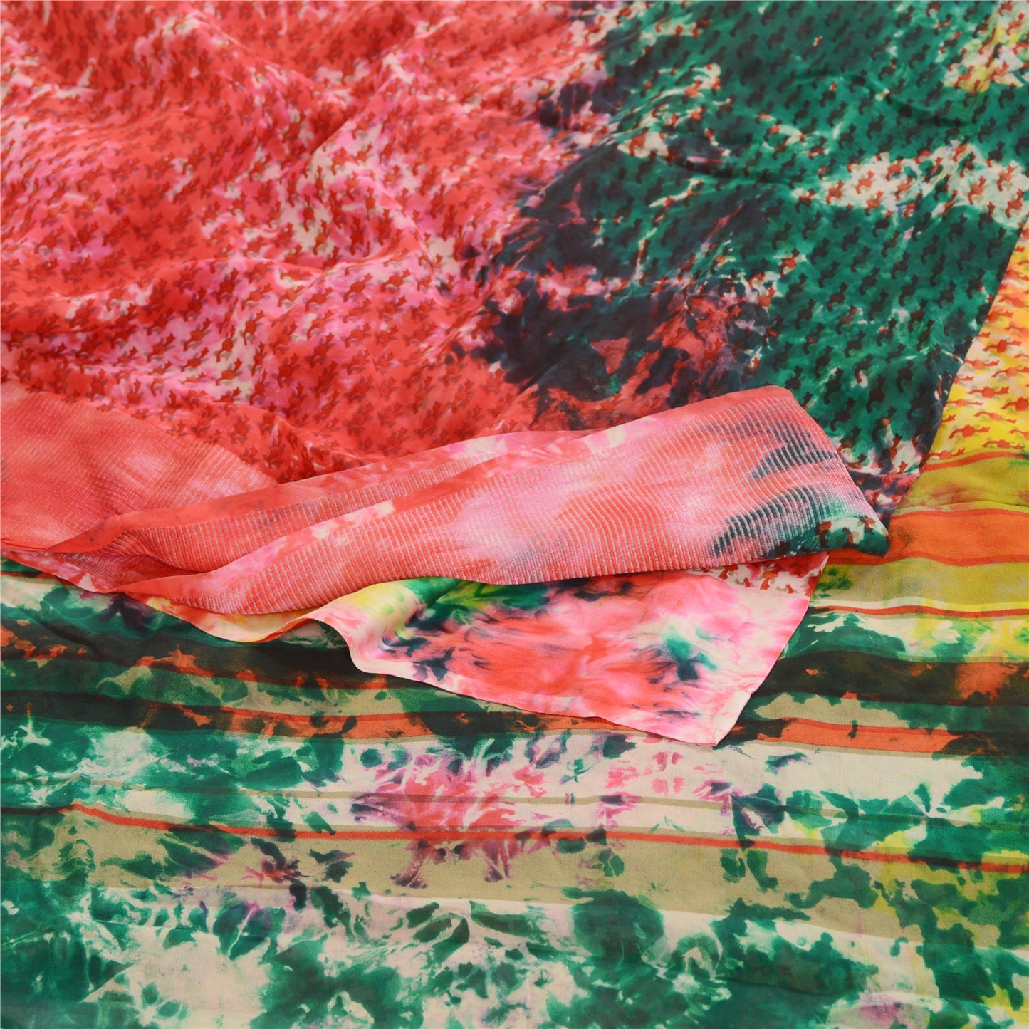 Sanskriti Vintage Sarees Tie-Dye Multi Pure Georgette Silk Sari 5yd Craft Sustainable Fabric