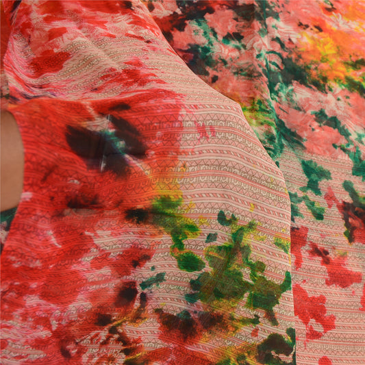 Sanskriti Vintage Sari Red Tie-Dye Pure Georgette Silk Sari - 5.5 Yd Craft Fabric Boho Floral Quilting Material For Authentic DIY Project