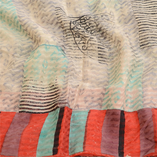 Sanskriti Vintage Sarees Ivory Block Print Woven Pure Georgette Silk Sari Sustainable Fabric
