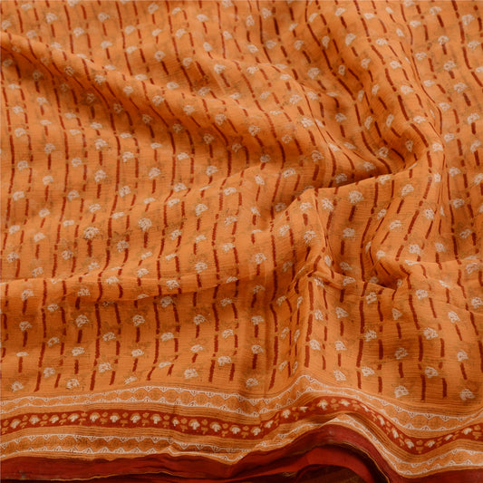 Sanskriti Vintage Saree Orange Printed Pure Chiffon Silk Sari 5yd Craft Sustainable Fabric
