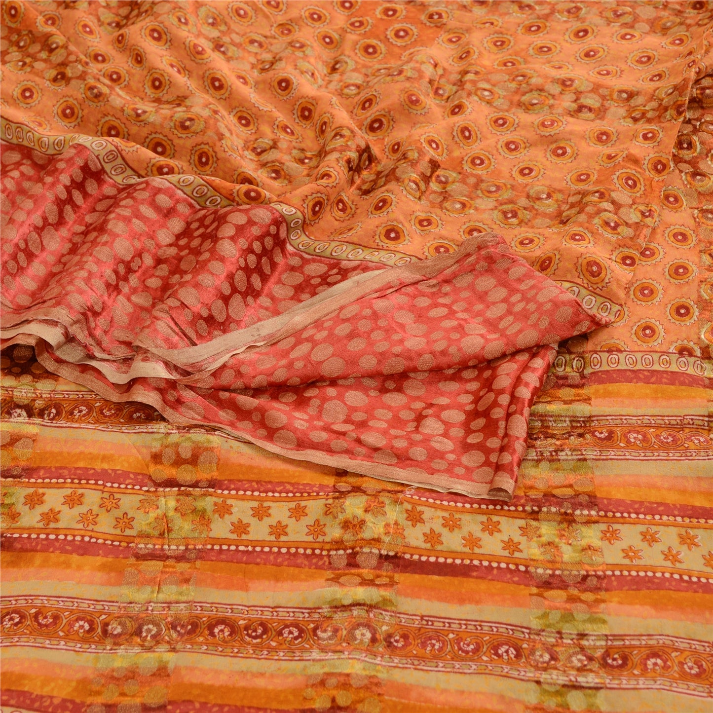 Sanskriti Vintage Saree Orange Pure Georgette Silk Printed Woven Sari 5yd Sustainable Fabric