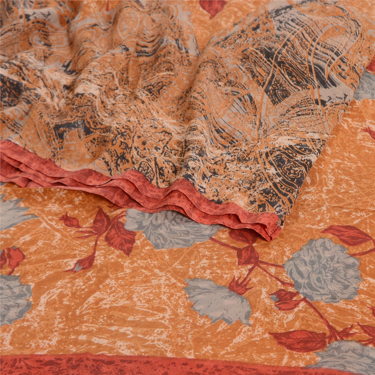 Sanskriti Vintage Saree Dark-Peach Pure Georgette Silk Printed Sari Craft Sustainable Fabric