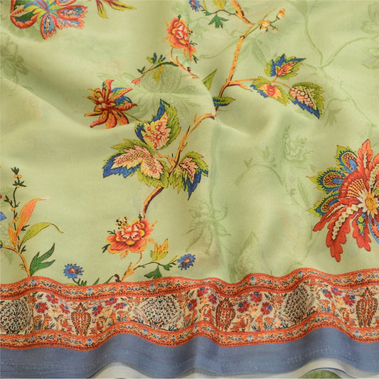 Sanskriti Vintage Sari Grøn Digitaltrykt Georgette Sari Blomsterhåndværk Bæredygtigt Stof