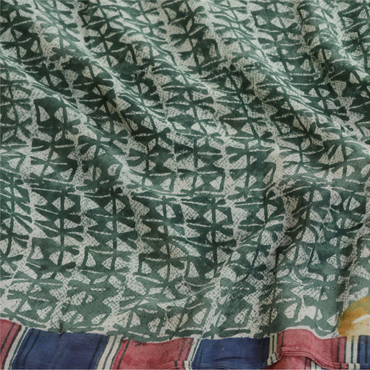 Sanskriti Vintage Sarees Green Pure Georgette Silk Printed Sari 5yd Craft Sustainable Fabric